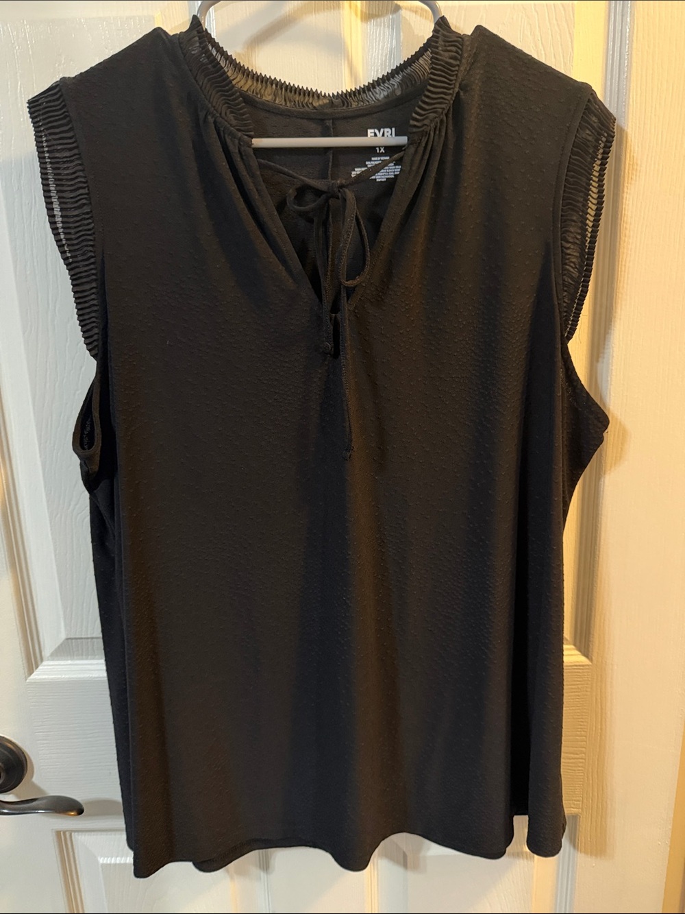 EVRI Women’s Plus Black Sleeveless Top Tie-Front Top with Pleated Trim